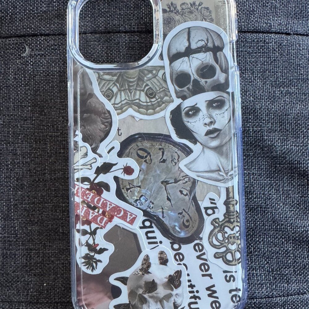 Custom Handmade Sticker Insert with Clear Case for iPhone 15, Dark Aesthetic